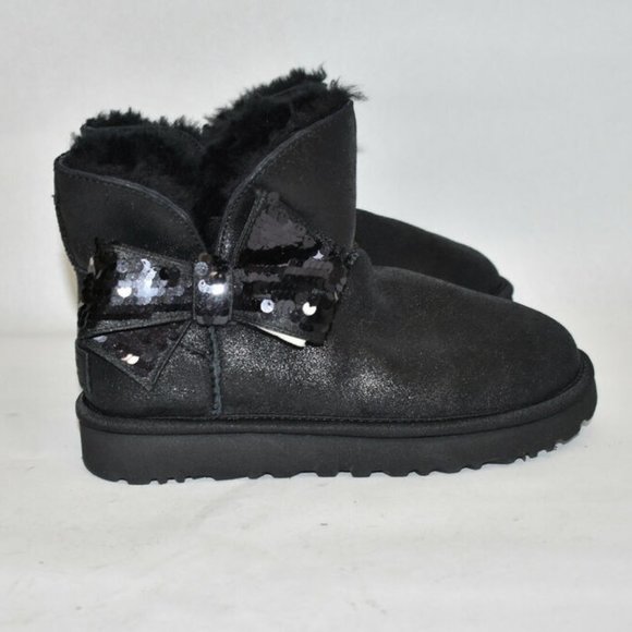 $210 UGG Mini Sequin Bow Wool Lined SHEARLING Bootie BLACK 6 (SE6) - Picture 7 of 11